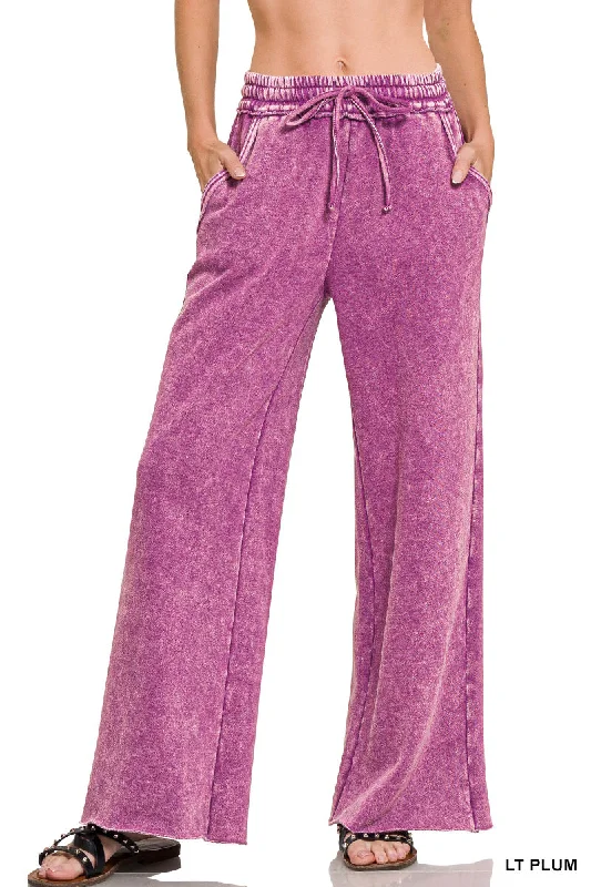 Zenana Acid Washed Fleece Palazzo Sweat Pant OPW-4343Y Slim Fit Casual Pants