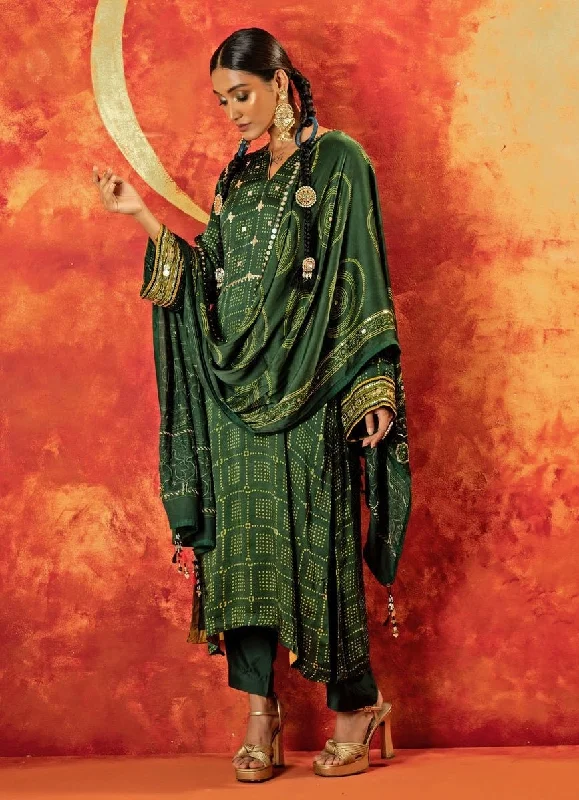 Green Embroidered And Hand-Blocked Satin Kurta Pant Set Elegant Silk Pants