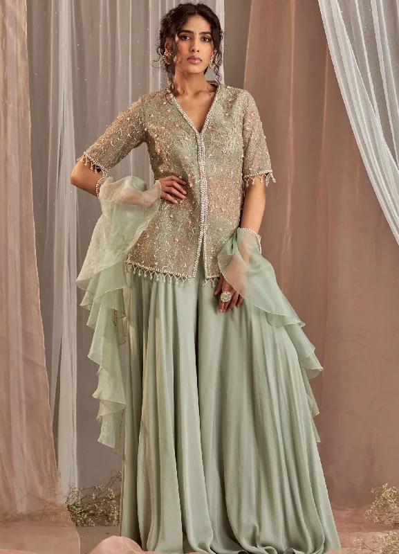 Muted Green Embellished Crepe Kurta With Sharara Pant Cozy Knit Pants