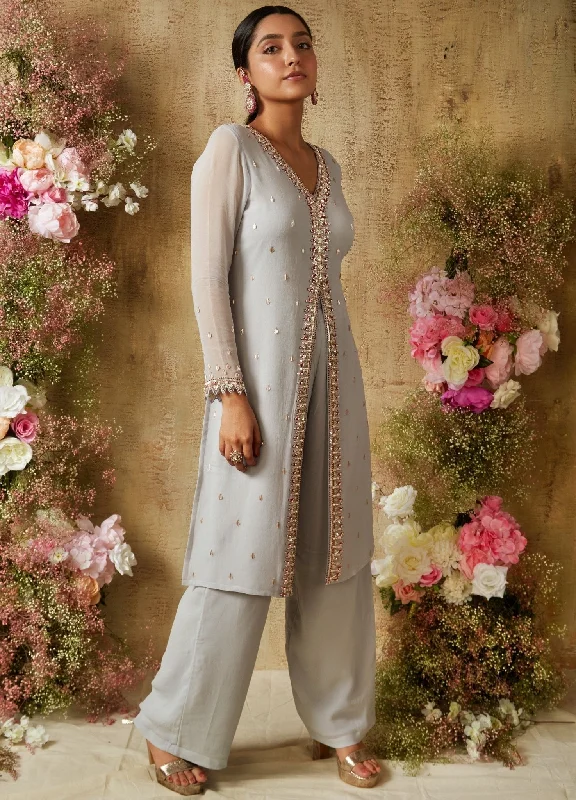 Grey Crystal Embellished Georgette Slit Kurta With Pant Casual Lounge Pants