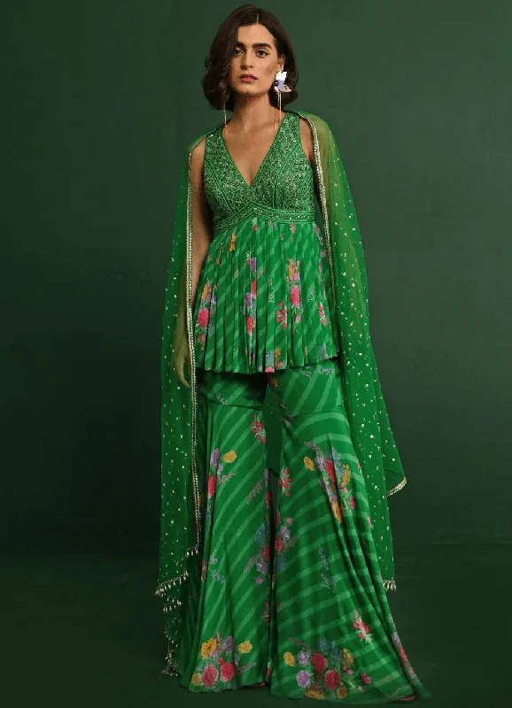 Lime Green Floral Peplum Kurta And Flared Pants Set Modern Bootcut Pants