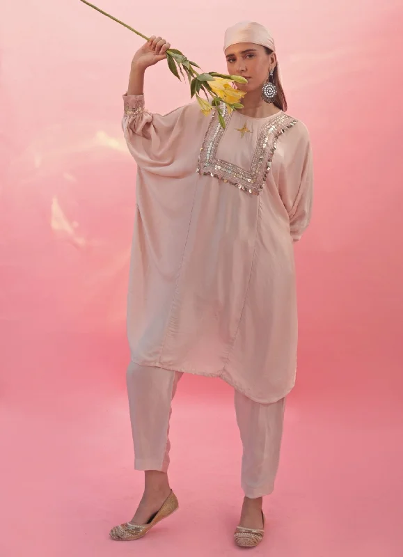 Pastel Pink Hand Embroidered Satin Kurta Pant Set Classic Stretch Pants