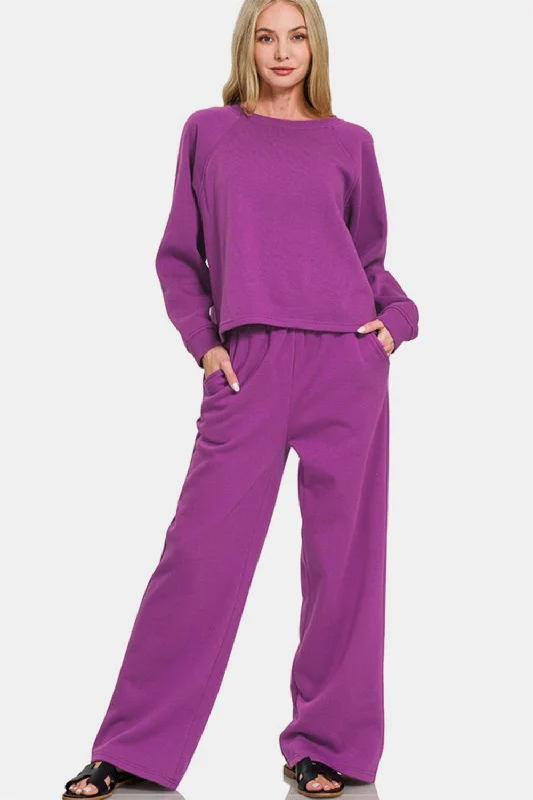 Zenana Round Neck Raglan Sleeve Top and Elastic Waist Pants Set In Purple Stretch Fit Pants