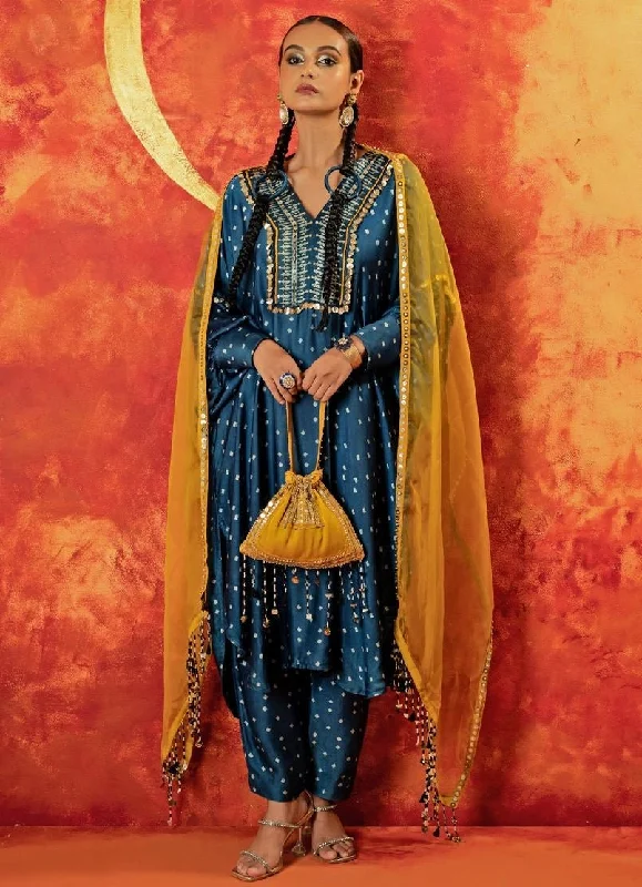 Blue Indigo Embroidered And Hand-Blocked Satin Kurta Pant Set Comfy High-Waist Jeans