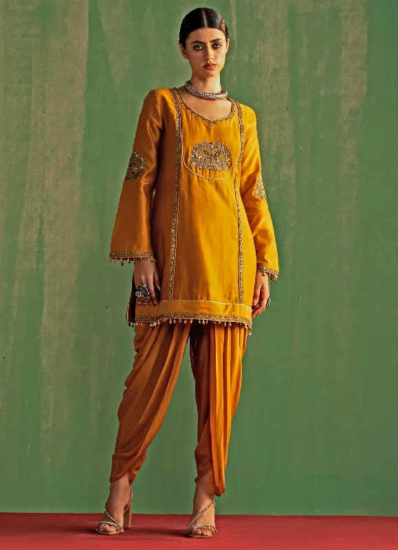 Mustard Yellow Embroidered Kurta And Tulip Pant Set Soft Stretch Pants