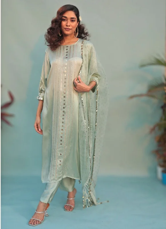 Pastel Green Hand-Embroidered Kurta Pant Set Slim Fit Casual Pants