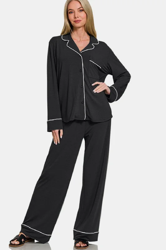 Zenana Button Down Long Sleeve Top and Pants Lounge Set In Black Cozy Knit Pants