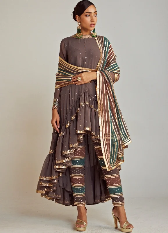 Charcoal Grey Round Neck Asymmetrical Kurta Pant Set With Multicolour Dupatta Lightweight Linen Pants Charcoal Grey Round Neck Asymmetrical Kurta Pant Set With Multicolour Dupatta Lightweight Linen Pants