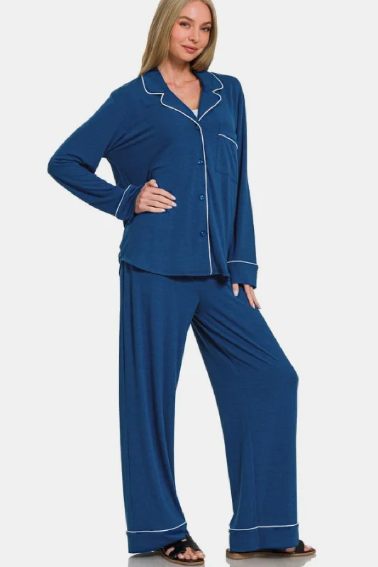 Zenana Button Down Long Sleeve Top and Pants Lounge Set In Blue Slim-Fit Leggings