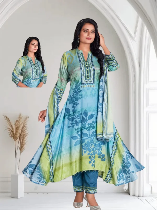 Silk Blend Multicolor A-Line Kurti with Pants and Dupatta Set Elegant Trouser Pants