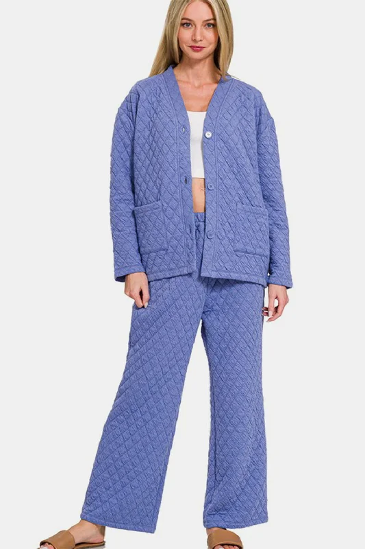 Zenana Quilted Button Up Long Sleeve Top and Pants Lounge Set In Blue Casual Sweatpants Style