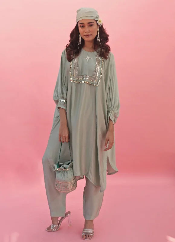 Pastel Green Hand Embroidered Satin Kurta Pant Set Stylish Elastic Waist Pants
