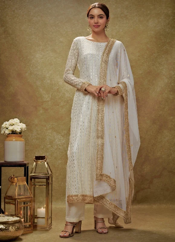 Ivory And Gold Sequin Embroidered Kurta Pants Set Warm Wool Trousers