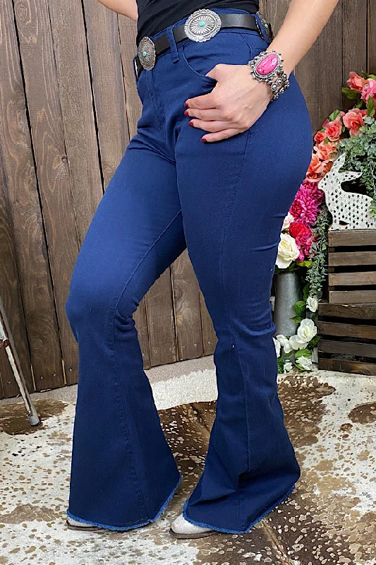 J182 Navy bell bottom pants Fashionable Button-Up Pants