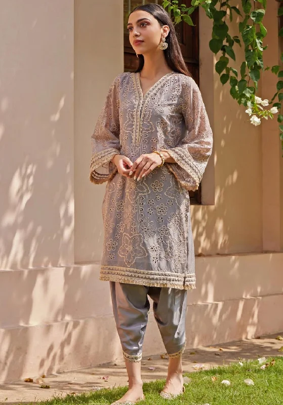 Grey Gold Kurta Pants Set Soft Cotton Pants