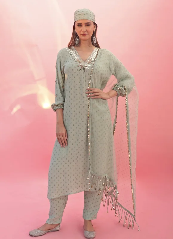 Pastel Green Hand Embroidered Satin Kurta Pant Set Casual Drawstring Pants