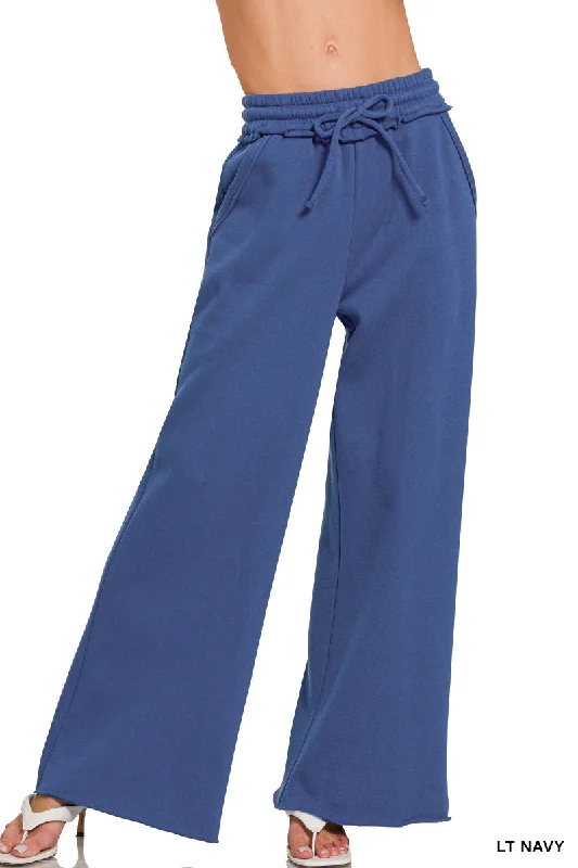 Zenana Raw Bottom Fleece Palazzo Sweat Pant OPW-4327Y Formal Linen Trousers