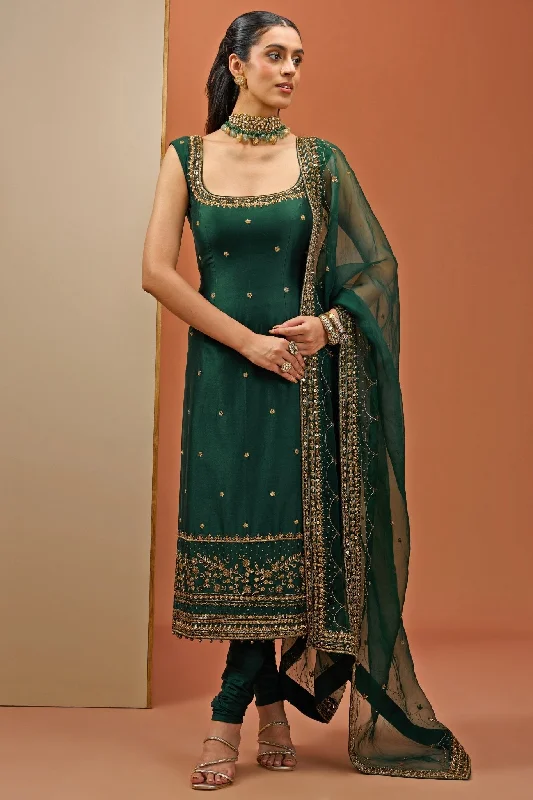Emerald Green Embellished Chanderi Straight Kurta Pant Set Casual Skinny Fit Pants