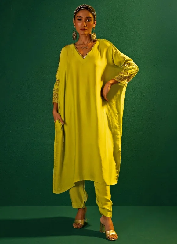 Neon Green Embroidered Anti-Fit Kurta Pant Set Classic Straight Pants