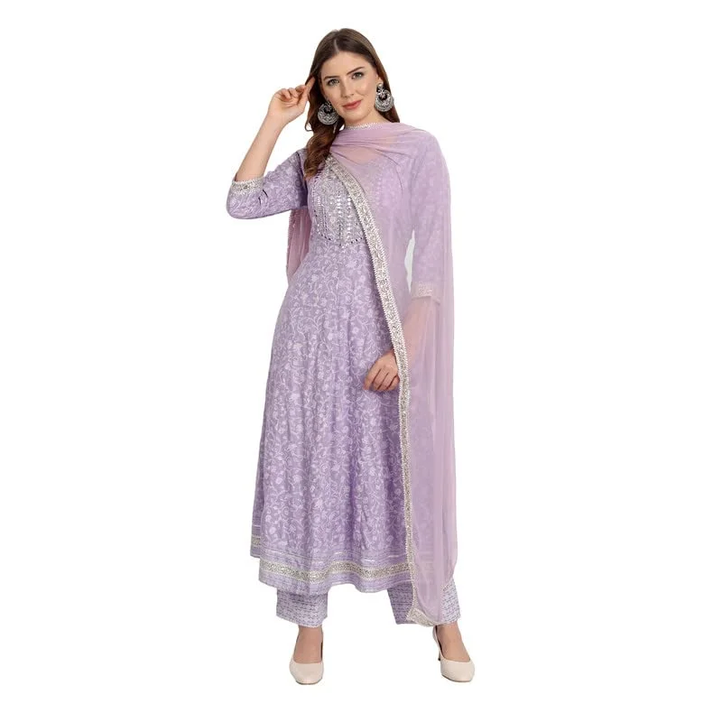NASRO Women Rayon Anarkali Embroidered Printed Kurta Pant And Dupatta Set(Purple-XL) Comfortable Wide-Leg Pants