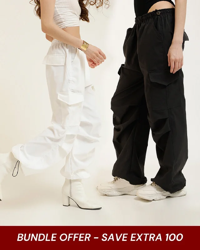 [SET OF 2] WHITE AND BLACK PARACHUTE PANTS Formal Slim Pants