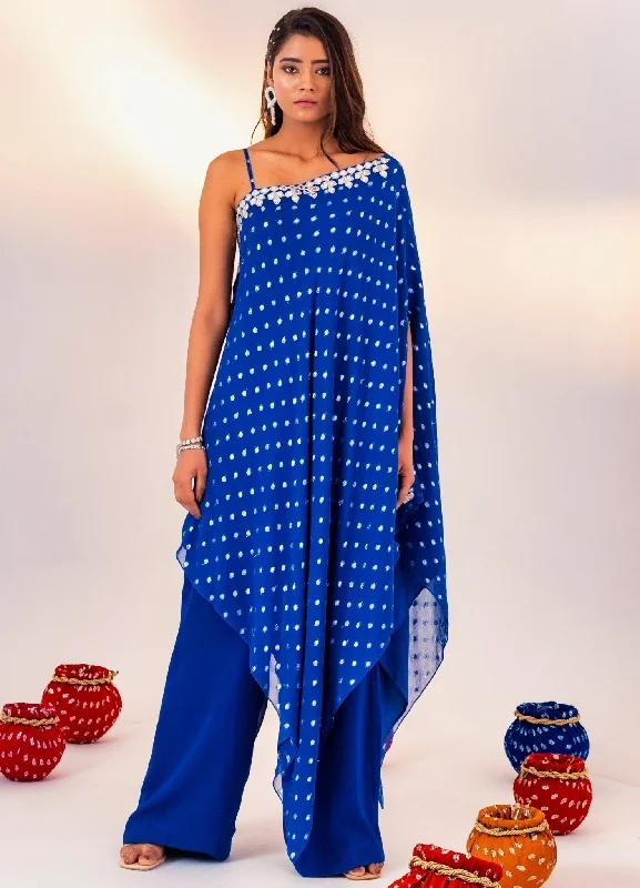 Royal Blue Printed Georgette One-Shoulder Kurta With Pant Casual Yoga Pants