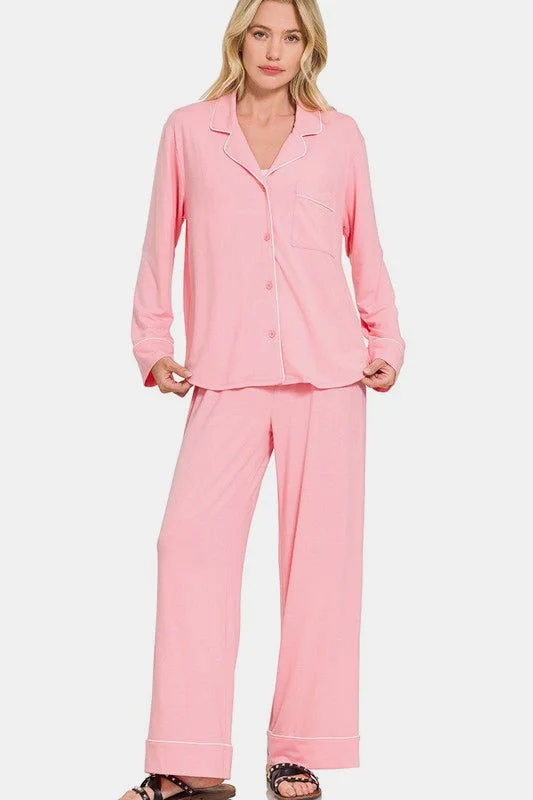 Zenana Button Down Long Sleeve Top and Pants Lounge Set In Pink Soft Wool Pants