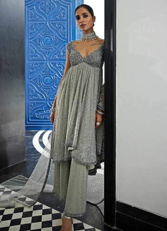 Grey Crystal And Sequin Hand Embroidered Kurta Pant Set Formal Linen Trousers