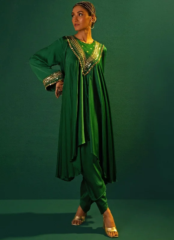 Green Embroidered Satin Silk High-Low Kurta And Dhoti Pant Set High-Waist Yoga Pants