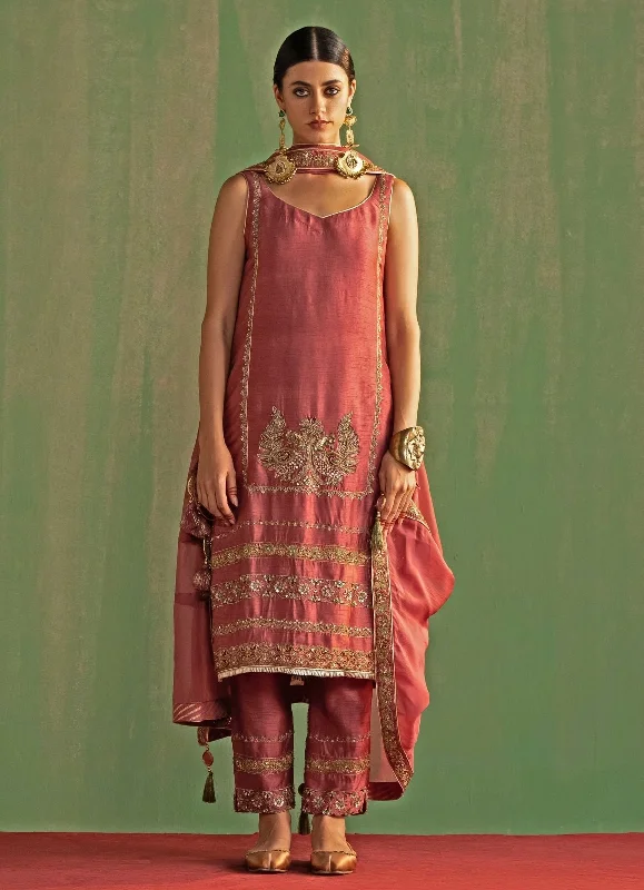 Lilac Pink Embroidered Kurta Pant Set Casual Plaid Pants
