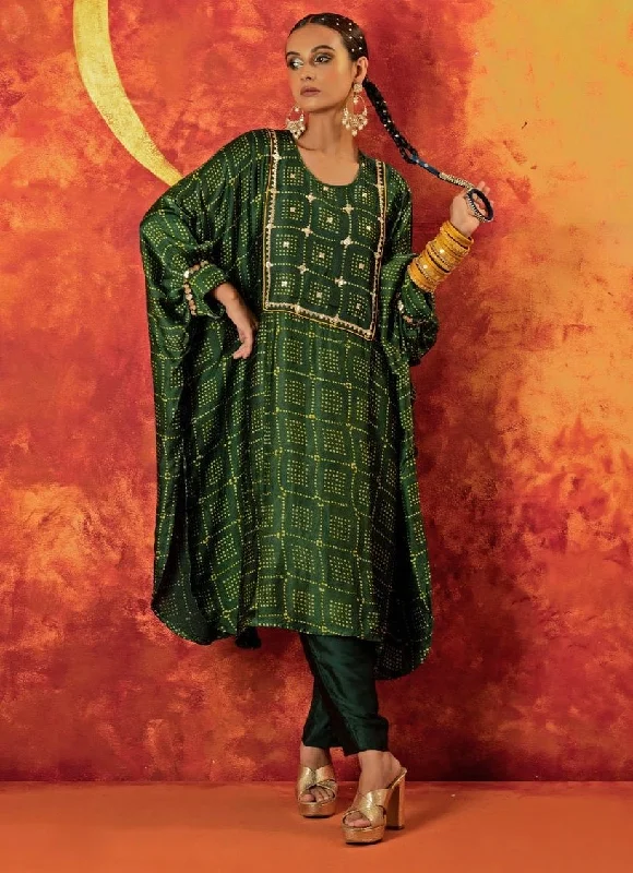 Mehendi Green Embroidered Relaxed Fit Kurta With Pants Casual Wide Pants