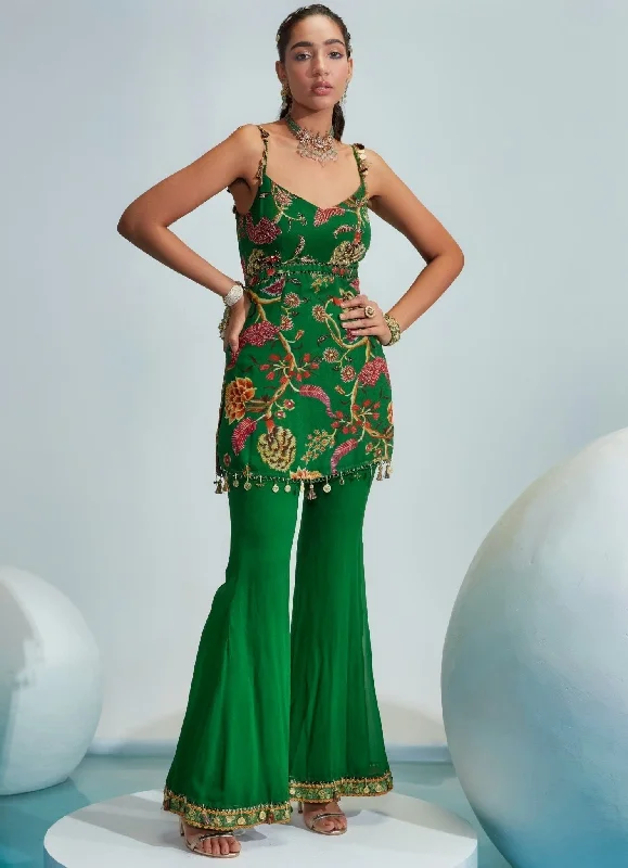 Green Embellished Kurta With Flared Pants And Taselled Dupatta Classic Bootcut Trousers Green Embellished Kurta With Flared Pants And Taselled Dupatta Classic Bootcut Trousers