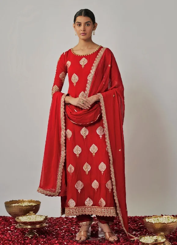 Red Embroidered Georgette Banarasi Kurta Pants Set Cozy Maternity Pants