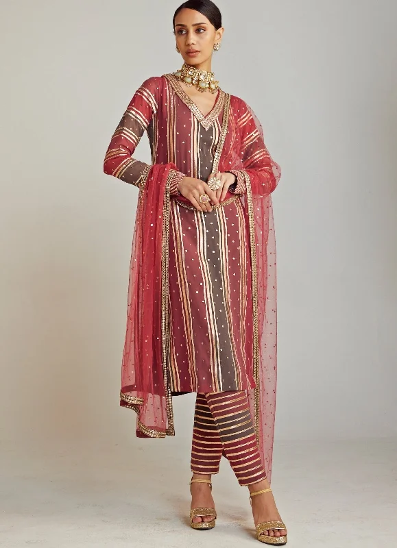 Charcoal Grey And Red Straight Kurta Pant Set With Red Dupatta Classic Chino Pants