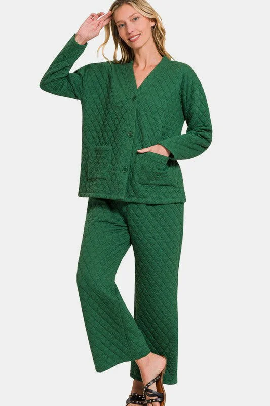 Zenana Quilted Button Up Long Sleeve Top and Pants Lounge Set In Green Fashionable Work Pants
