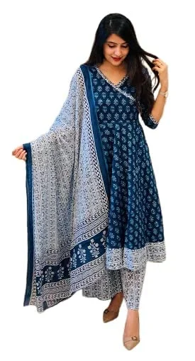 KLOSIA Women's Rayon Anarkali Kurta Pant and Dupatta Set (Large) Blue Stylish Harem Pants