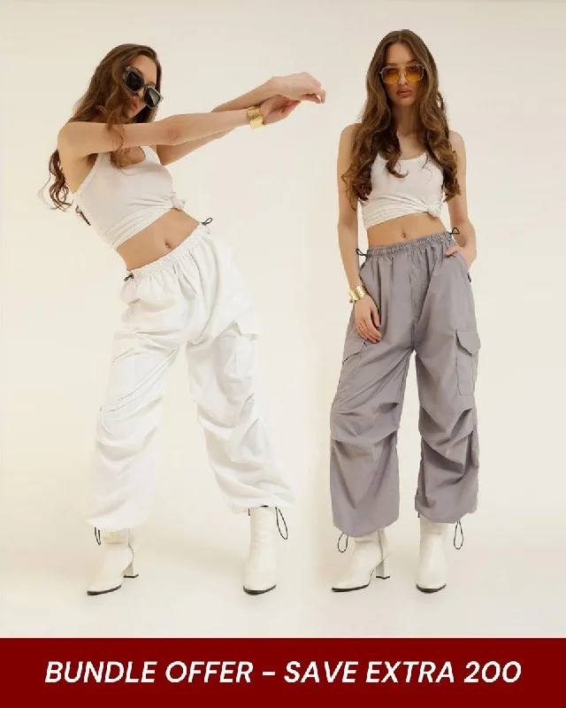 [SET OF 2] GREY AND WHITE PARACHUTE PANTS Classic Stretch Pants
