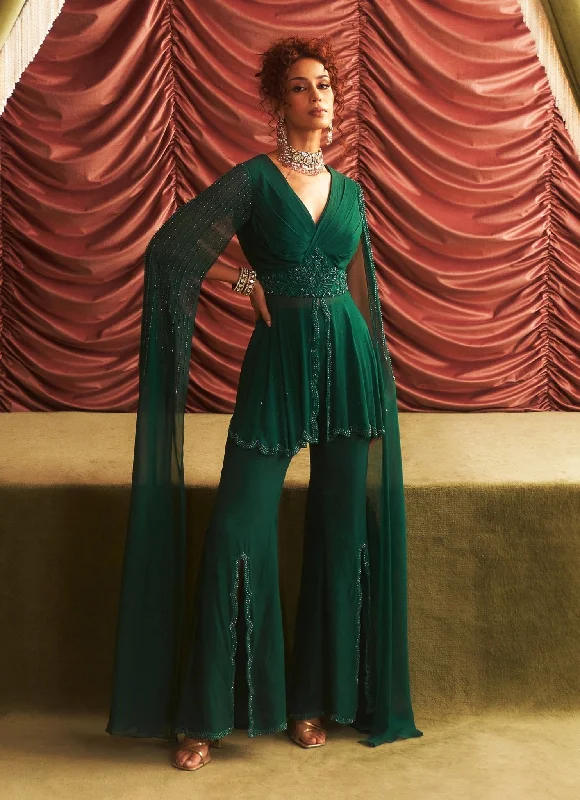 Emerald Green Embroidered Peplum Kurta With Pants With Attached Dupatta Chic Wool Trousers