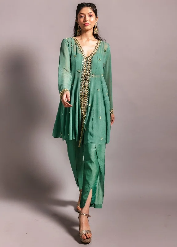 Teal Green Panelled Short Kurta With Flap Pant Set Chic Faux Leather Pants