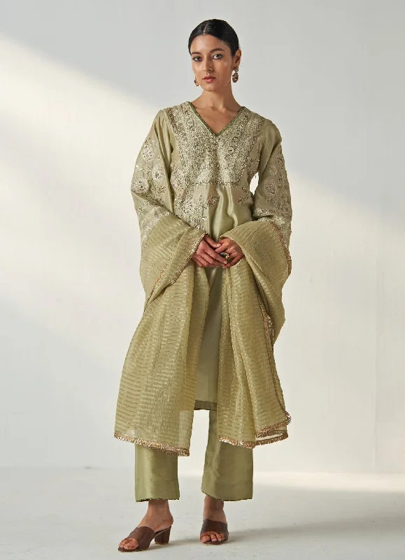 Green Embroidered Kurta Pant Set Comfortable Jogger Trousers