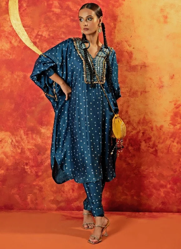 Blue Indigo Embroidered And Hand-Blocked Satin Kurta With Pant Stylish Slim Trousers