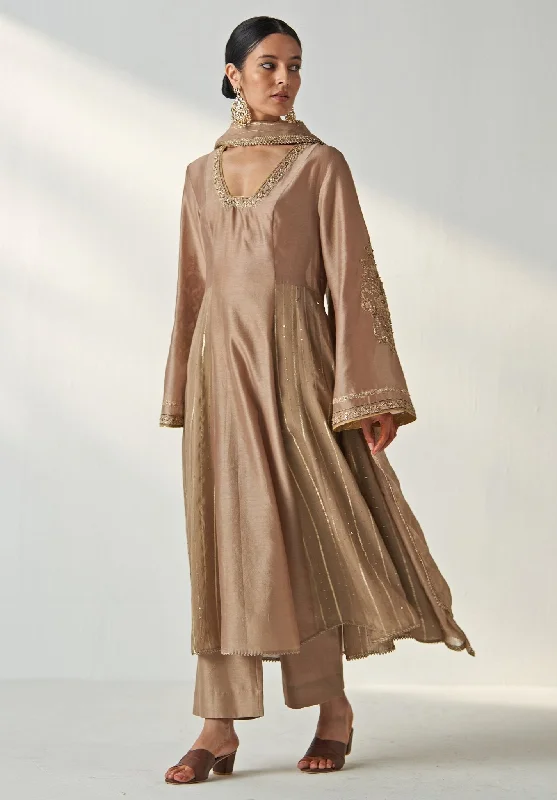 Nude Gold Embroidered Chanderi Anarkali Pant Set Classic Cropped Pants
