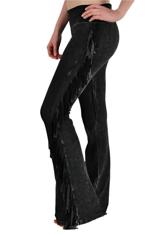 T-Party Fold Down Fringe Sides Mineral Washed Yoga Pants SS496 Stylish Slim Trousers