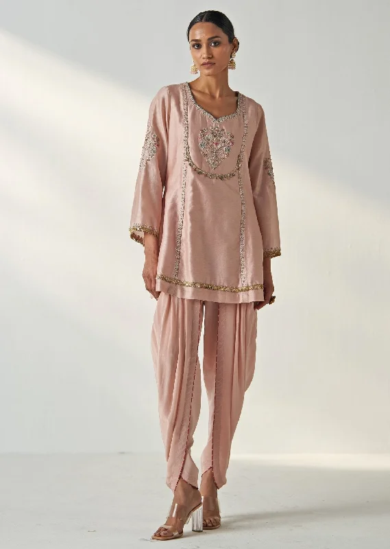 Blush Pink Tulip Embroidered Chanderi Kurta Pants Set Elegant Palazzo Trousers