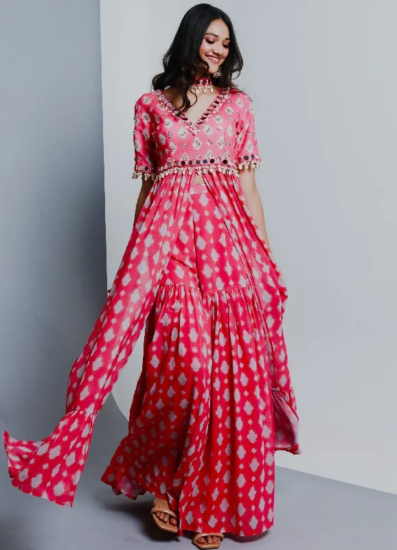 Rani Pink Printed Georgette Kurta Set With Pant Fashionable Track Pants