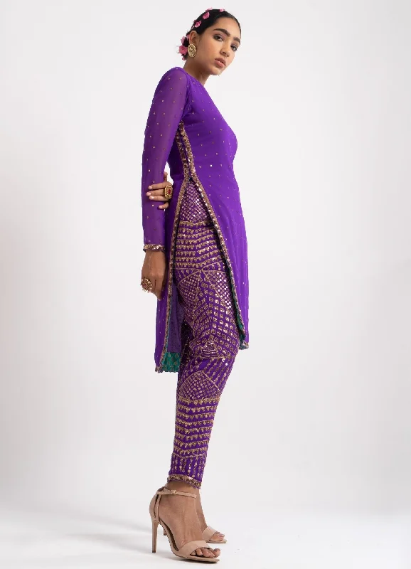 Purple Round Neck Multi Geo Pant Kurta Set Trendy Printed Leggings