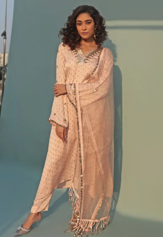 Pastel Pink Hand-Blocked Anti-Fit Kurta Pant Set Relaxed High-Waist Trousers