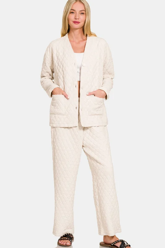 Zenana Quilted Button Up Long Sleeve Top and Pants Lounge Set In Beige Wide-Legged Palazzos
