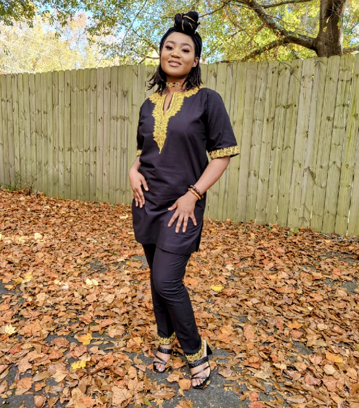 Bintu Black and Gold Embroidered Top and pants - DP4084 Elegant High-Waist Pants