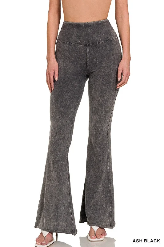 Zenana Acid Washed High Waist Raw Hem Boot Cut Pant CPW-3197D4 Ash Black Comfortable Fleece Pants
